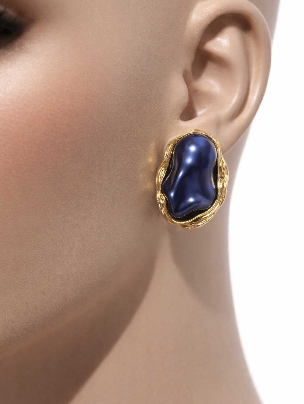 Gold-Tone Stud Earrings with Navy Pearl Cabochons Elegant Classic Jewelry